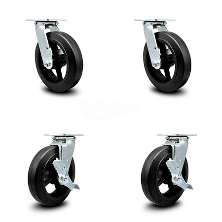 Service Caster 8 Inch Rubber on Steel Swivel Caster Set with Ball Bearing 2 Brake SCC SCC-30CS820-RSB-2-TLB-2
